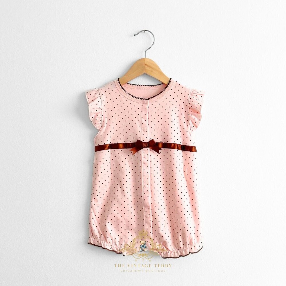 NWT Pretty Girls One-piece Romper Bubble Ruffled Polkadots Blush & Brown 0-3M